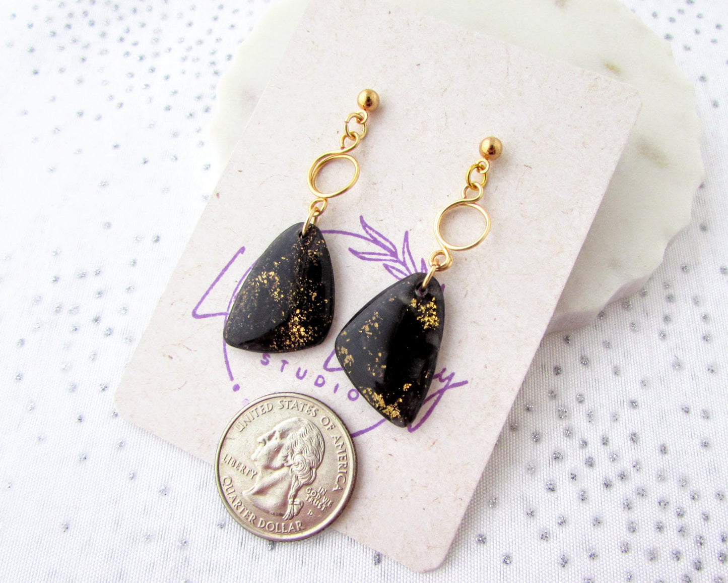 Handmade Polymer Clay Earrings - The Addie in Black Quartz Swirl Clay- Elegant & Artsy Jewelry for your Creative Style