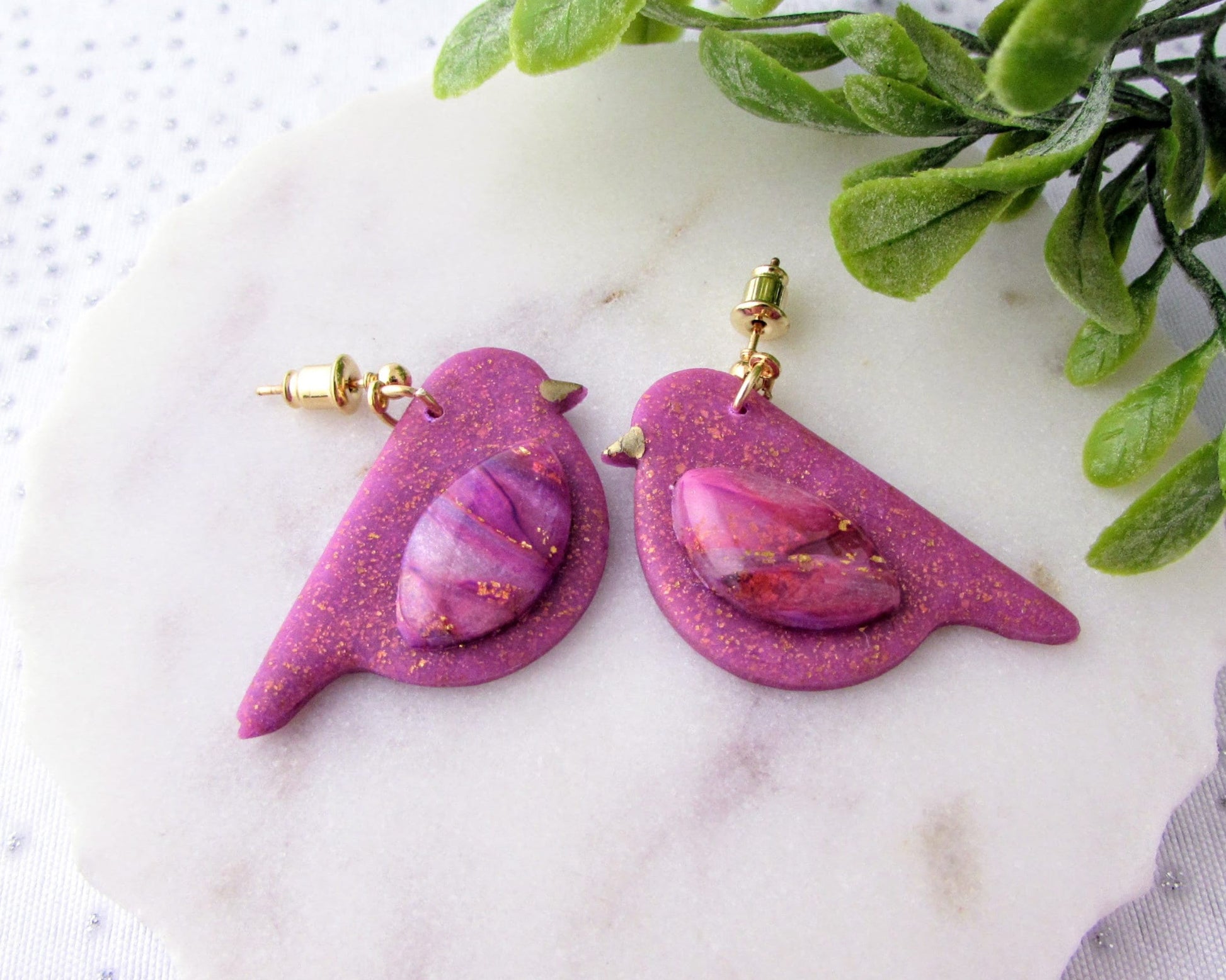 Handmade Polymer Clay Earrings - Song Birds in Lulu & Lainey Purple Quartz and Shimmer Clay - Artsy Jewelry for Whimsical and Creative Style