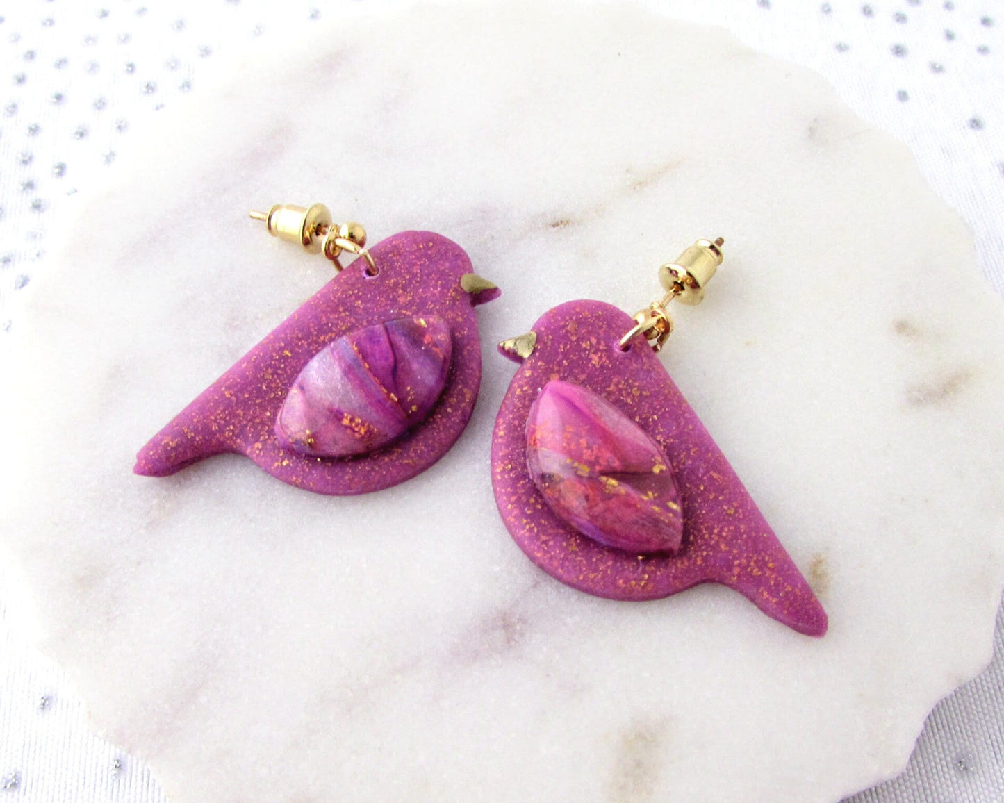 Handmade Polymer Clay Earrings - Song Birds in Lulu & Lainey Purple Quartz and Shimmer Clay - Artsy Jewelry for Whimsical and Creative Style