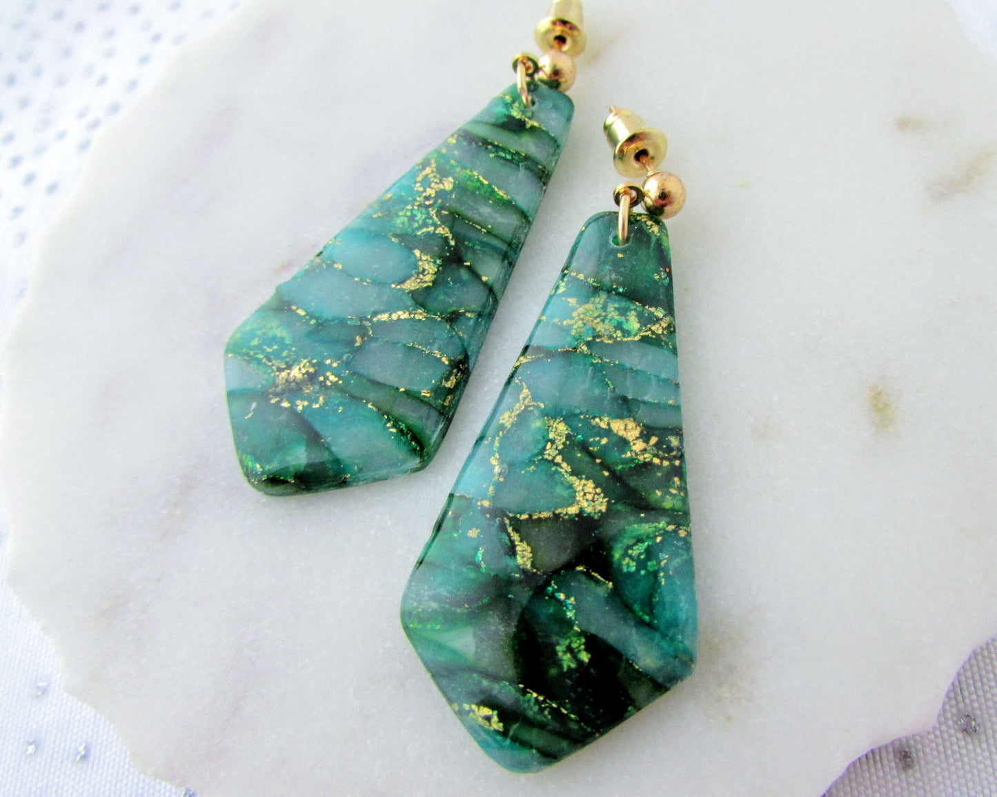 Handmade Polymer Clay Earrings - The Gwen in Emerald Green Quartz Clay - Artsy and Elegant Earrings for a Whimsical and Creative Statement