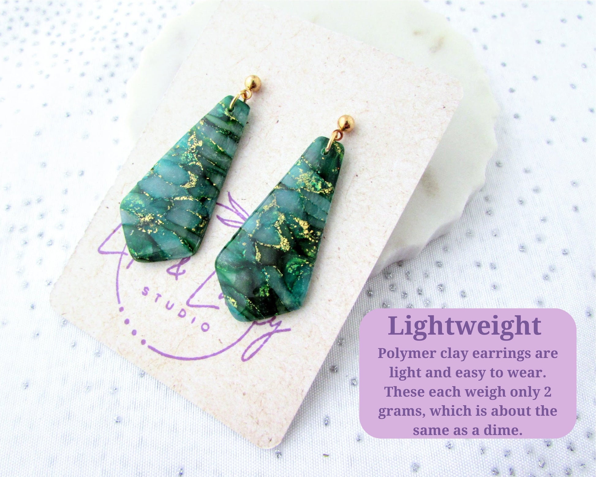 Handmade Polymer Clay Earrings - The Gwen in Emerald Green Quartz Clay - Artsy and Elegant Earrings for a Whimsical and Creative Statement