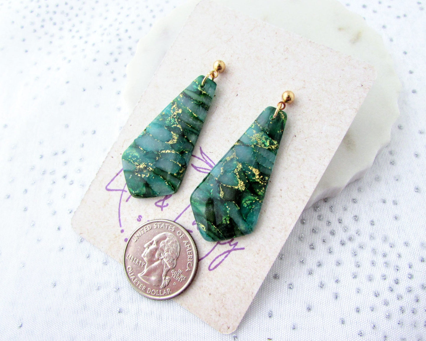 Handmade Polymer Clay Earrings - The Gwen in Emerald Green Quartz Clay - Artsy and Elegant Earrings for a Whimsical and Creative Statement