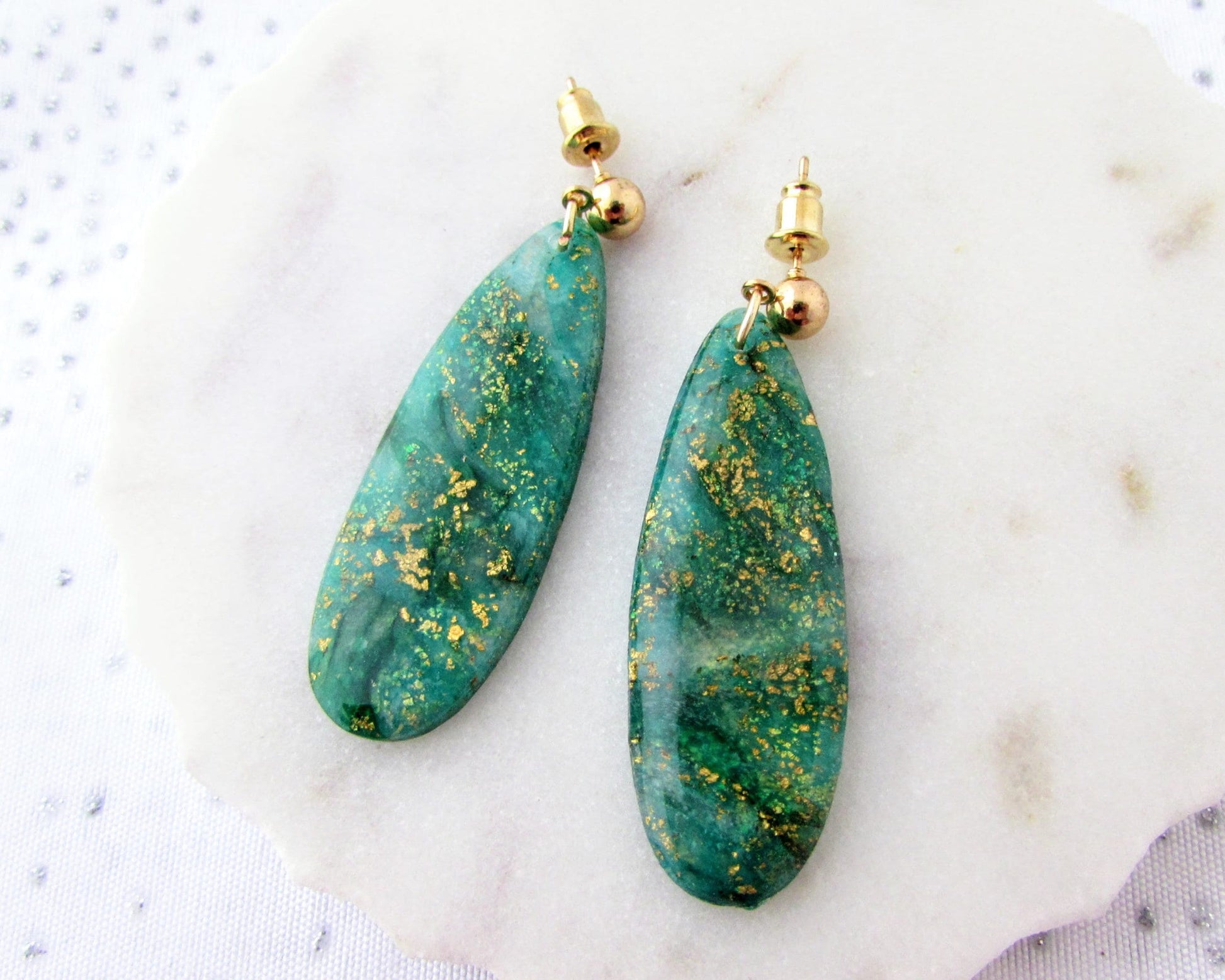 Handmade Polymer Clay Quartz Swirl Earrings - Simple Dangles in Emerald Green - Elegant, Artsy Earrings in a Colorful, Creative Style