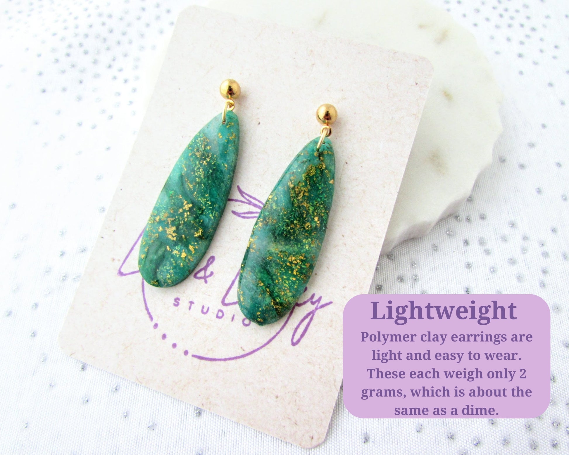 Handmade Polymer Clay Quartz Swirl Earrings - Simple Dangles in Emerald Green - Elegant, Artsy Earrings in a Colorful, Creative Style