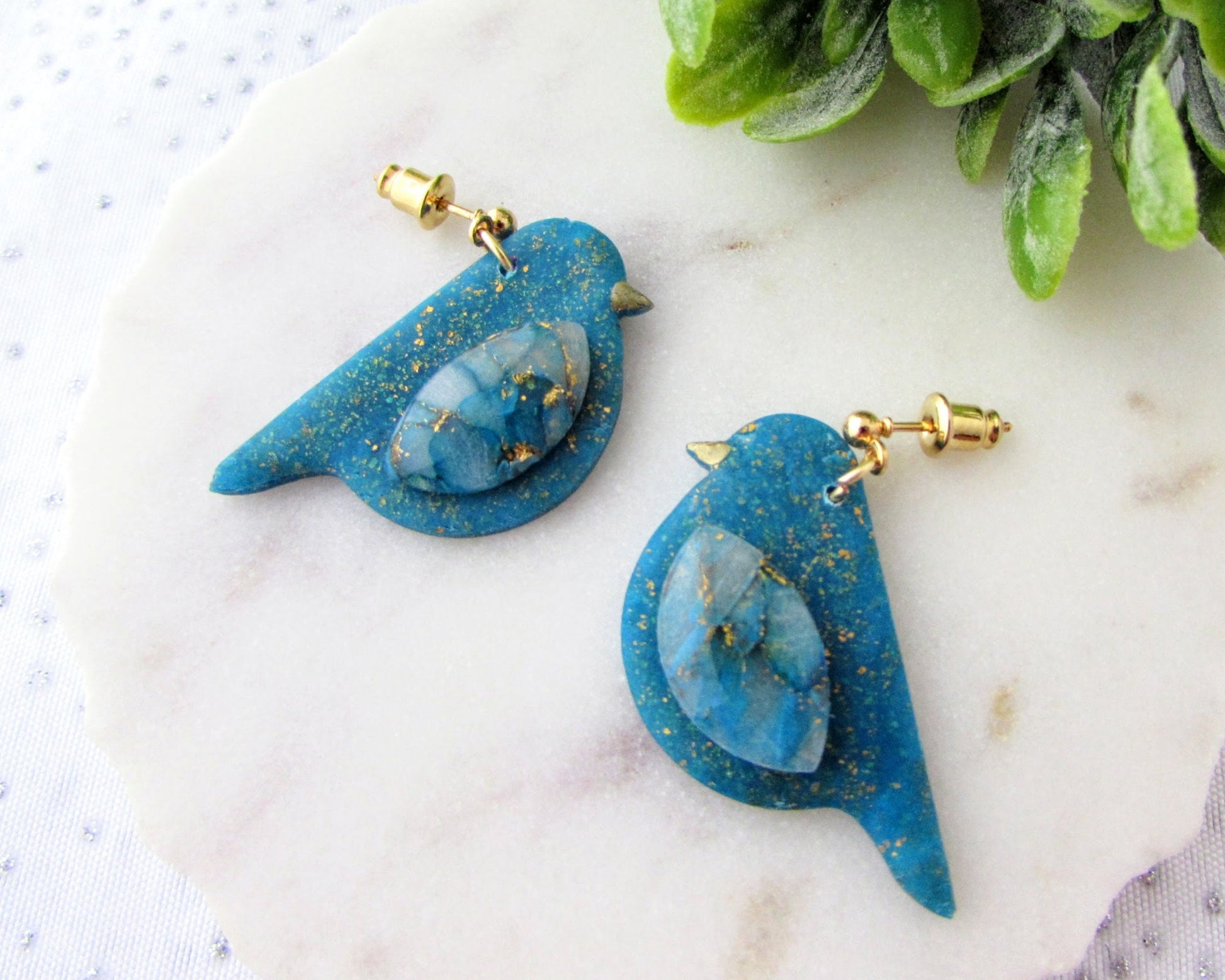 Handmade Polymer Clay Earrings - Song Birds in Aqua Blue Quartz and Shimmer Clay - Whimsical and Creative Jewelry - Bird Lover Gift