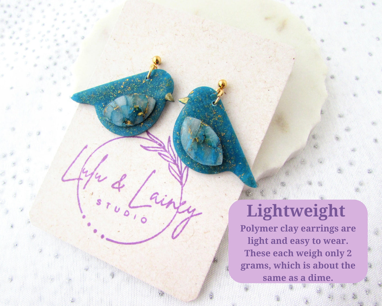 Handmade Polymer Clay Earrings - Song Birds in Aqua Blue Quartz and Shimmer Clay - Whimsical and Creative Jewelry - Bird Lover Gift