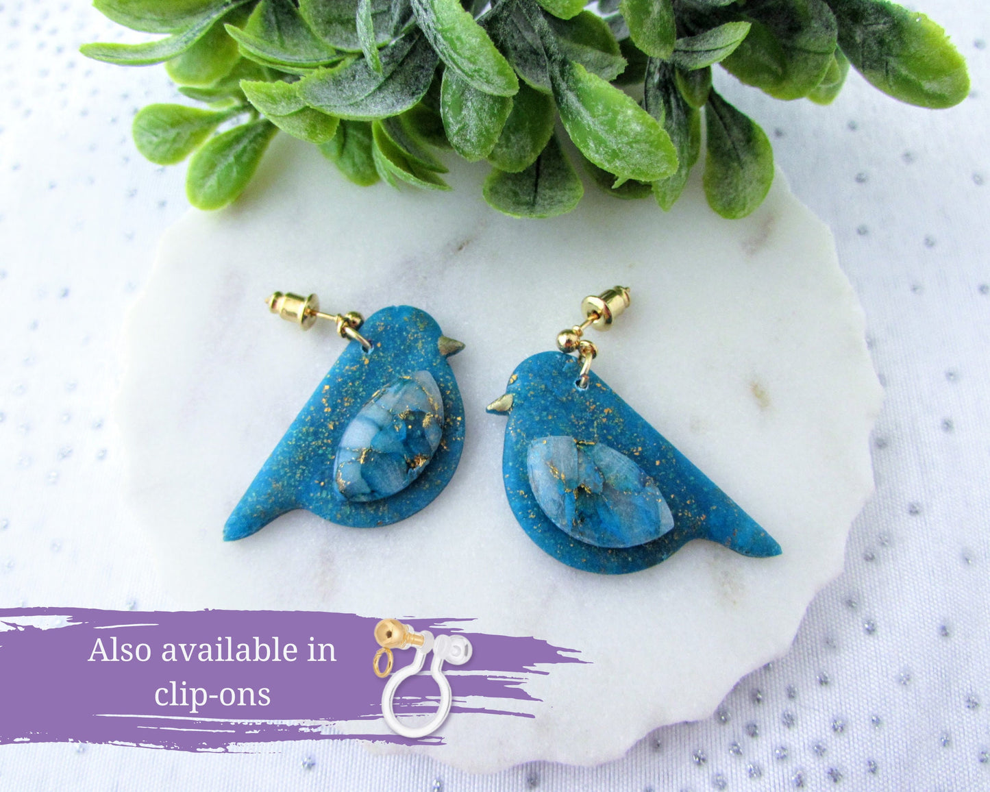 Handmade Polymer Clay Earrings - Song Birds in Aqua Blue Quartz and Shimmer Clay - Whimsical and Creative Jewelry - Bird Lover Gift