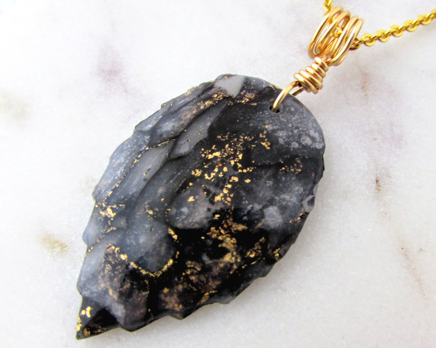 Leaf Necklace - Handmade Polymer Clay Pendant - Black and Gold Quartz Clay - Artsy and Creative Piece for a Whimsical and Fun Statement