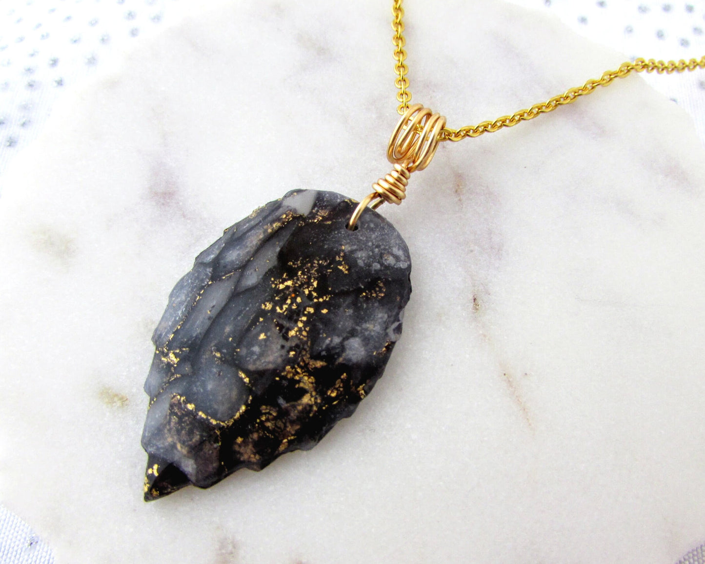 Leaf Necklace - Handmade Polymer Clay Pendant - Black and Gold Quartz Clay - Artsy and Creative Piece for a Whimsical and Fun Statement