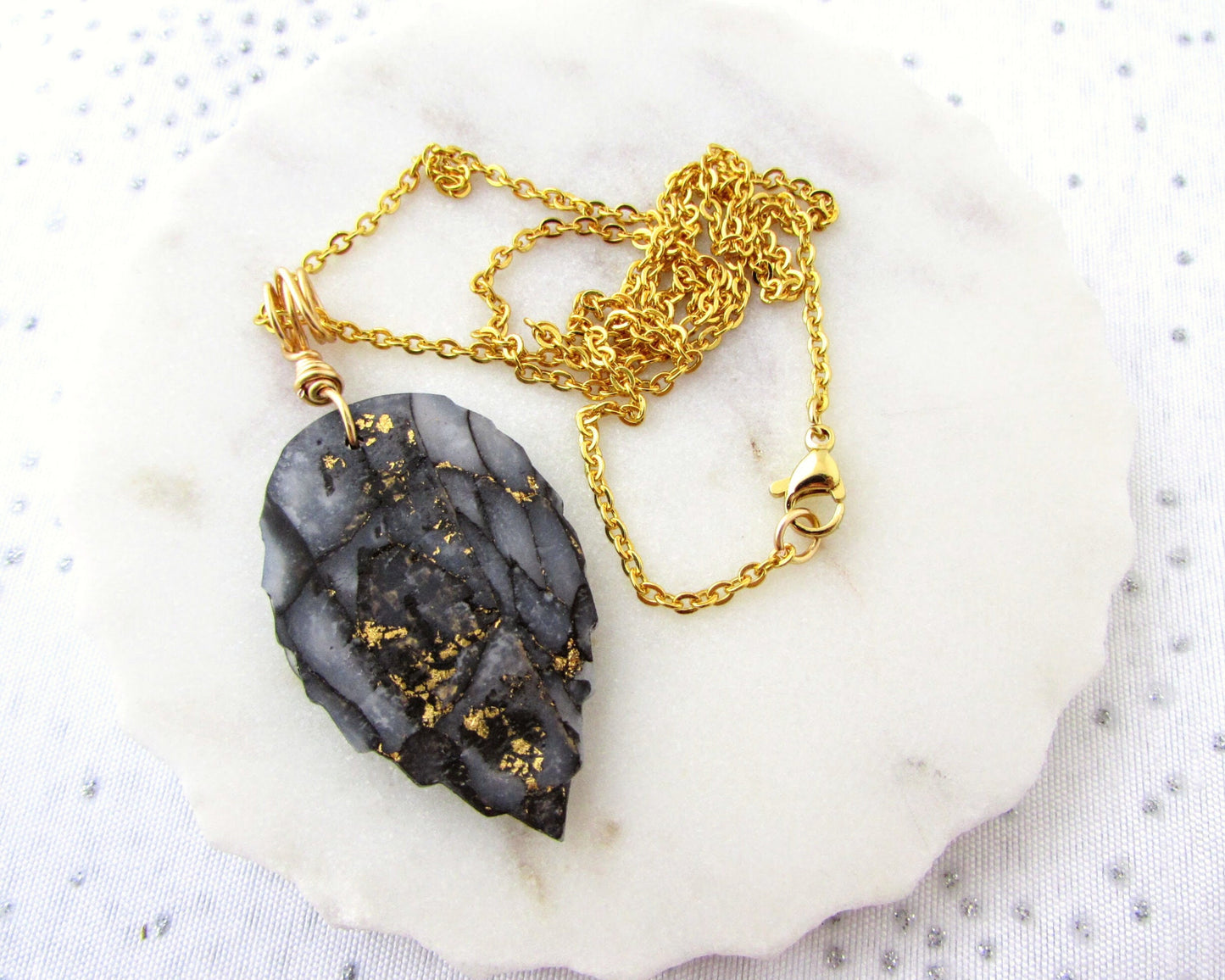 Leaf Necklace - Handmade Polymer Clay Pendant - Black and Gold Quartz Clay - Artsy and Creative Piece for a Whimsical and Fun Statement