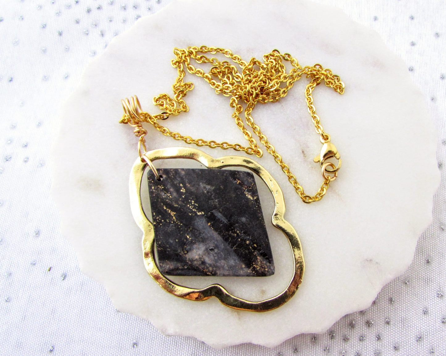 Quatrefoil Necklace - Handmade Polymer Clay Pendant - Gold Quatrefoil and Black & Gold Quartz Swirl Clay - Artsy and Elegant Gift