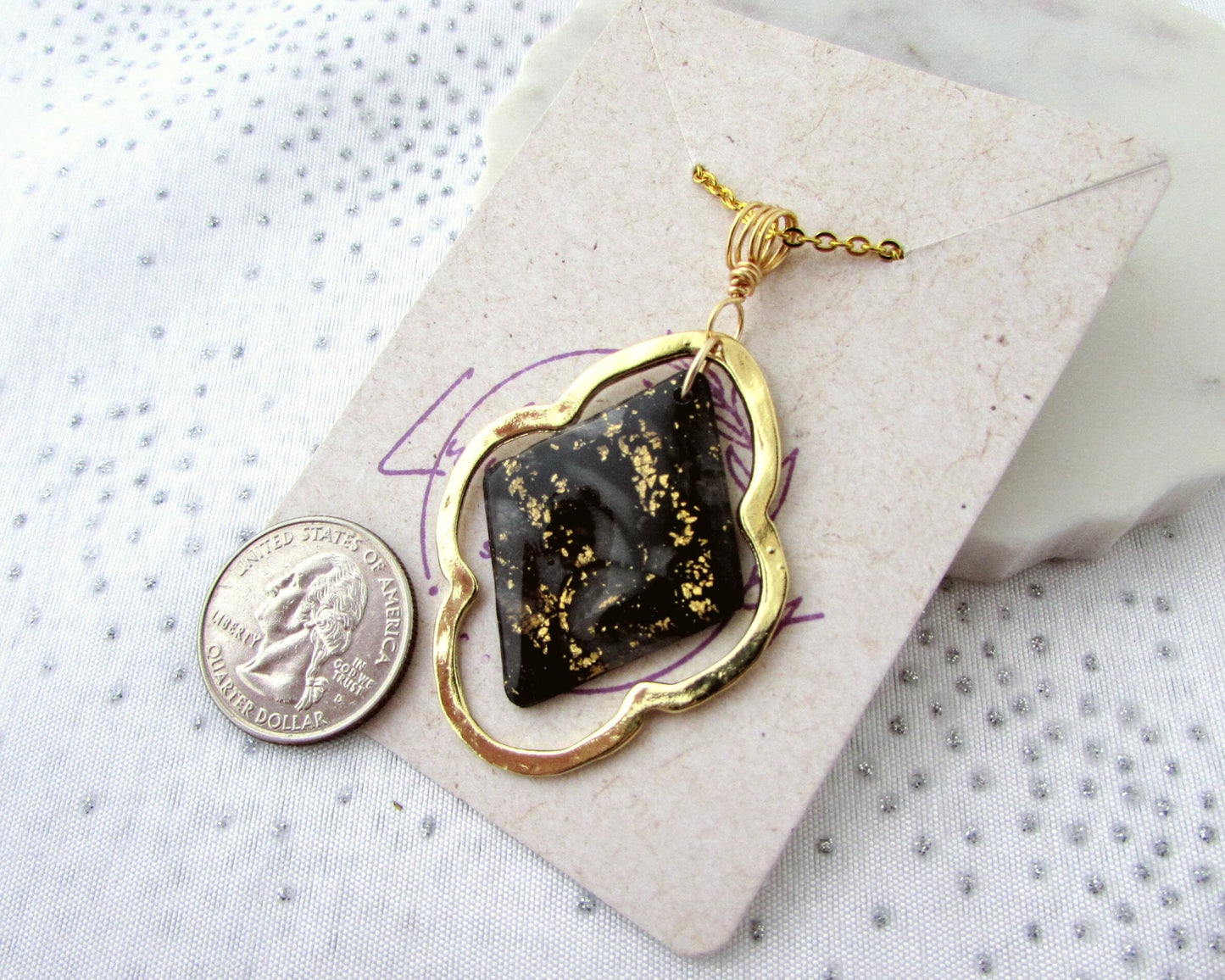 Quatrefoil Necklace - Handmade Polymer Clay Pendant - Gold Quatrefoil and Black & Gold Quartz Swirl Clay - Artsy and Elegant Gift