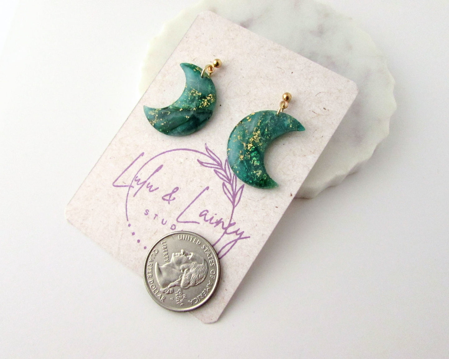 Handmade Polymer Clay Quartz Swirl Earrings - Moons in Emerald Green - Elegant, Artsy Earrings in a Colorful, Creative Style - Lunar Dangles