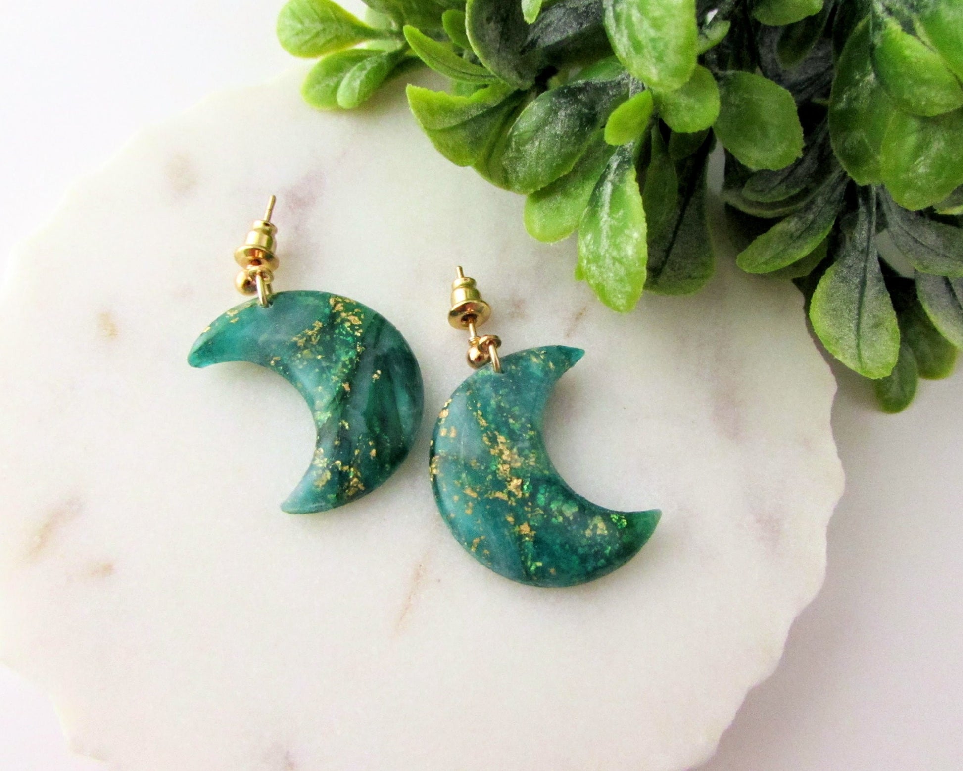 Handmade Polymer Clay Quartz Swirl Earrings - Moons in Emerald Green - Elegant, Artsy Earrings in a Colorful, Creative Style - Lunar Dangles