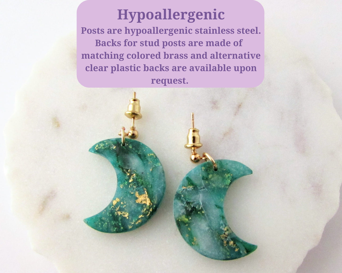 Handmade Polymer Clay Quartz Swirl Earrings - Moons in Emerald Green - Elegant, Artsy Earrings in a Colorful, Creative Style - Lunar Dangles