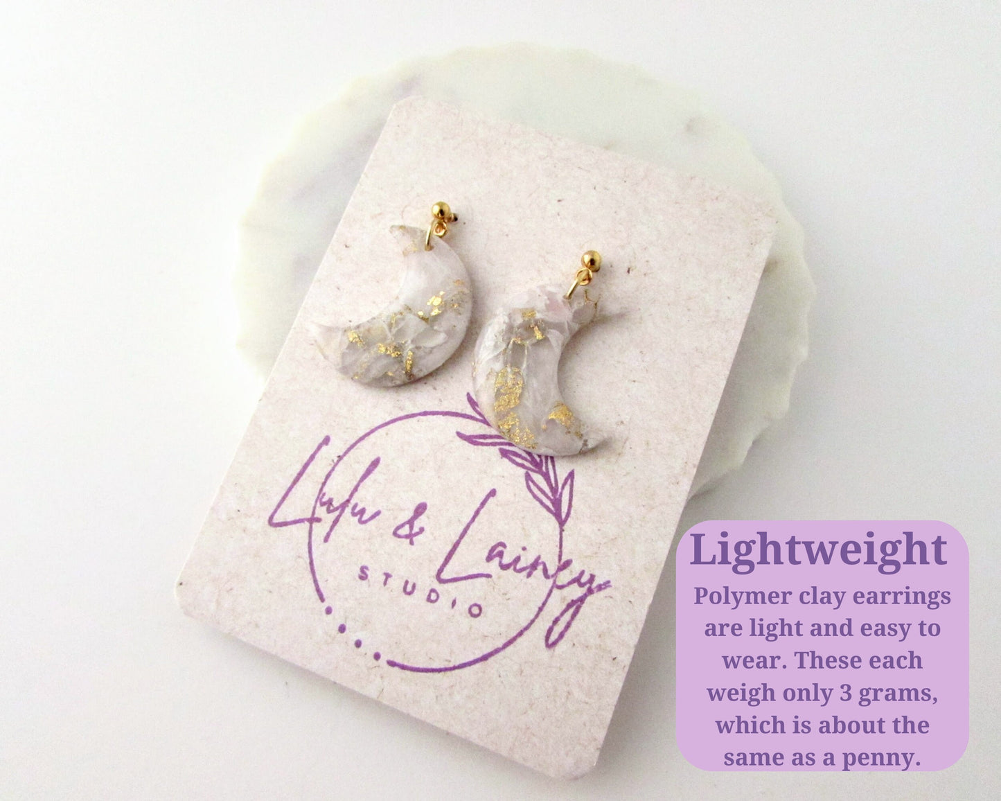 Handmade Polymer Clay Earrings - Moons in White / Ivory Quartz Swirl - Elegant, Artsy Earrings in a Colorful, Creative Style - Lunar Dangles