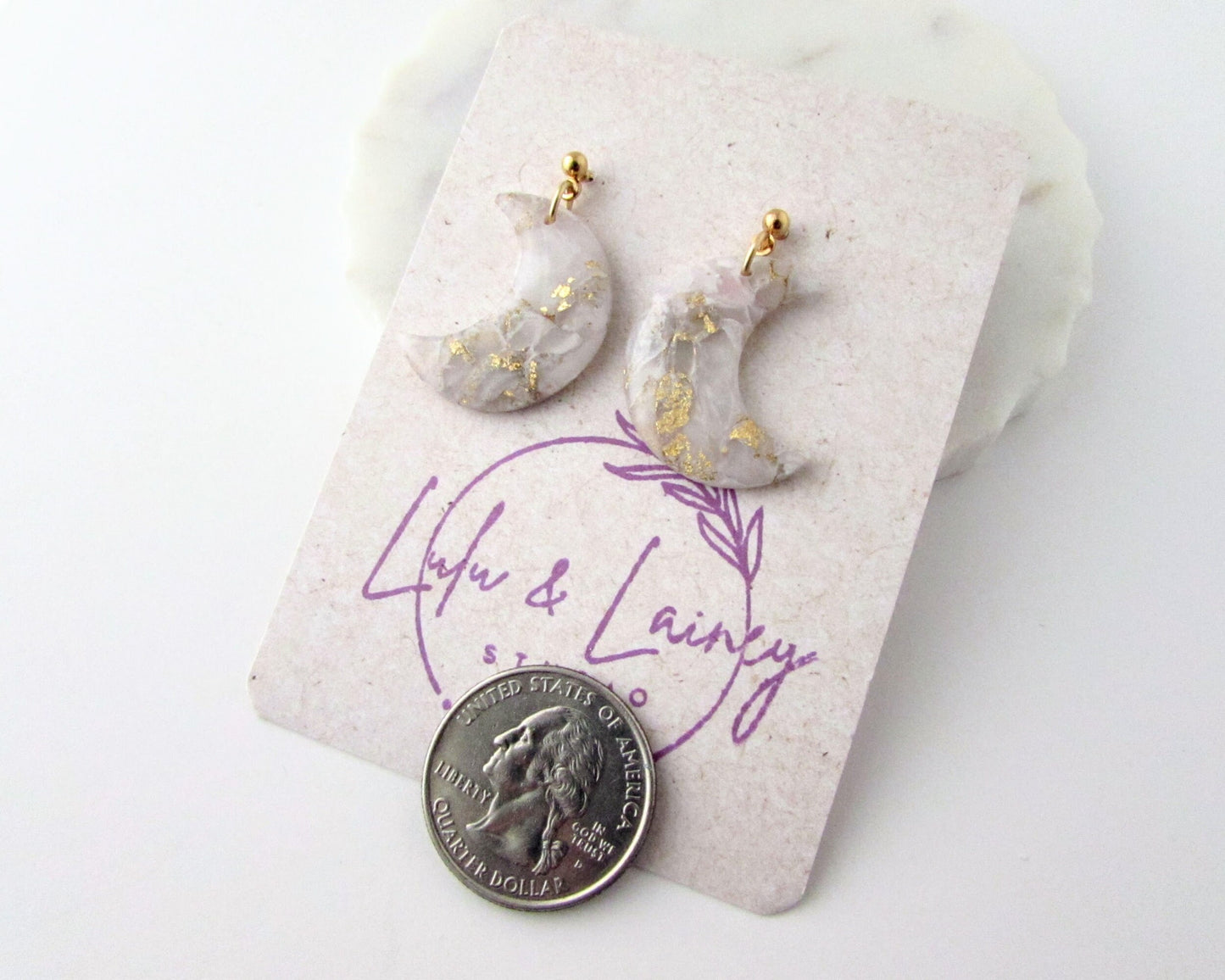 Handmade Polymer Clay Earrings - Moons in White / Ivory Quartz Swirl - Elegant, Artsy Earrings in a Colorful, Creative Style - Lunar Dangles