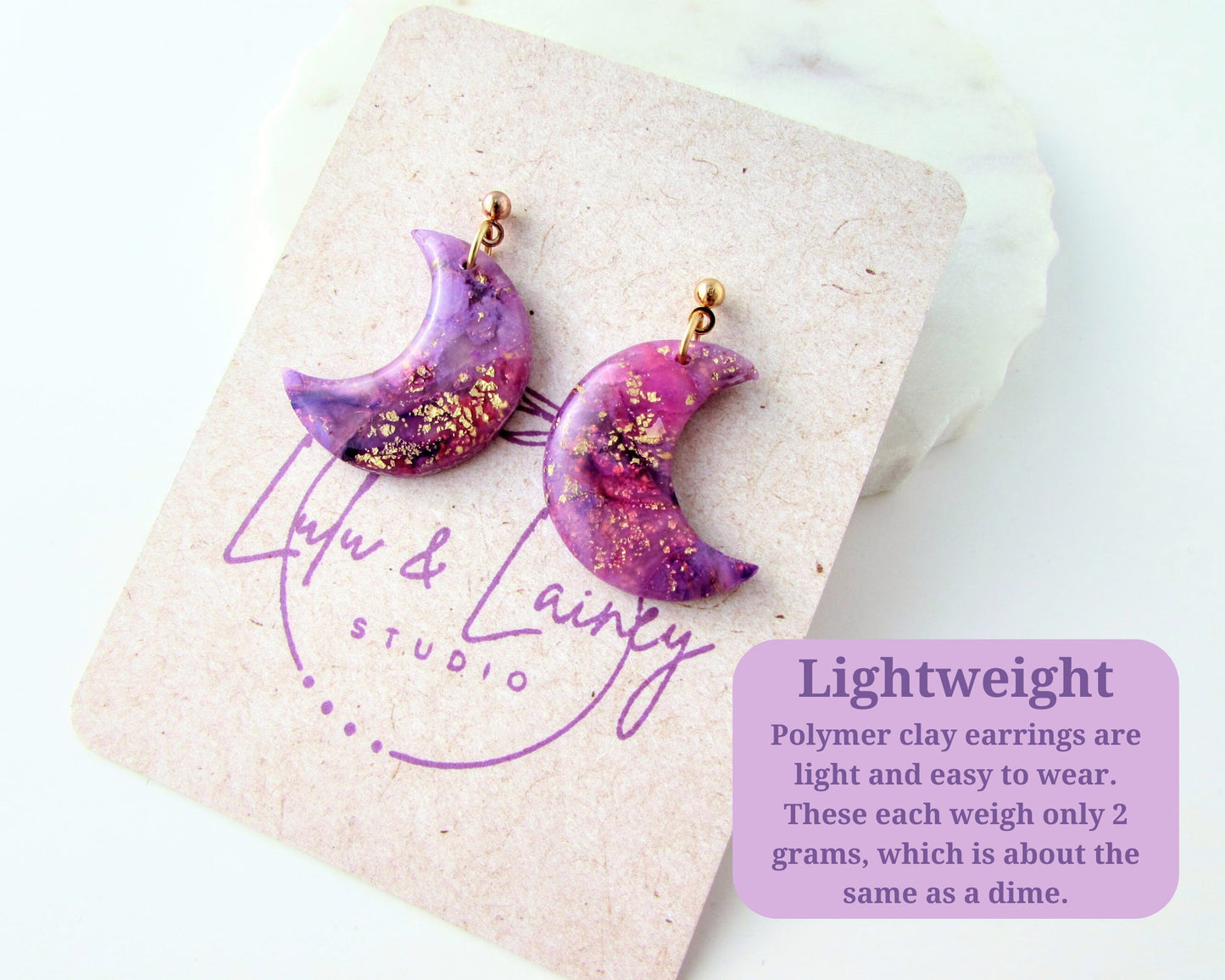 Handmade Polymer Clay Quartz Swirl Earrings - Lulu & Lainey Purple - Elegant, Artsy Earrings in a Colorful, Creative Style - Lunar Dangles