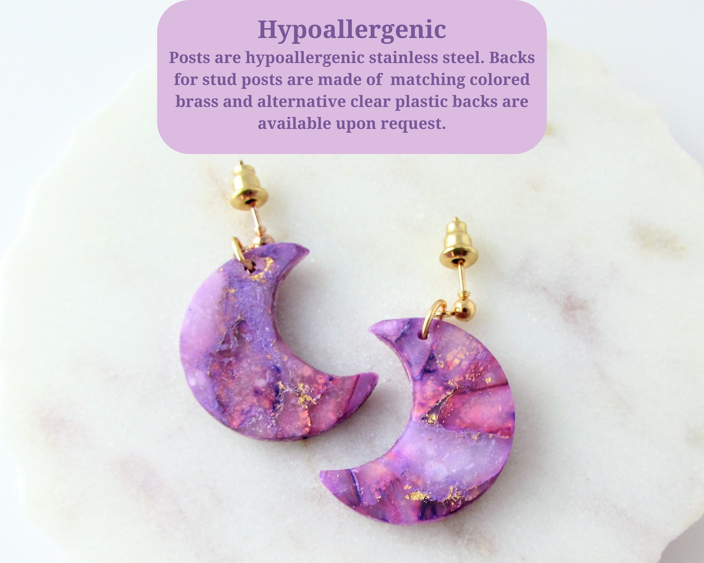 Handmade Polymer Clay Quartz Swirl Earrings - Lulu & Lainey Purple - Elegant, Artsy Earrings in a Colorful, Creative Style - Lunar Dangles