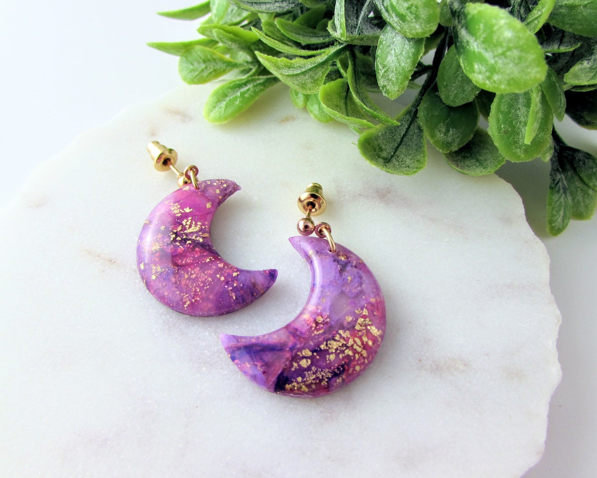 Handmade Polymer Clay Quartz Swirl Earrings - Lulu & Lainey Purple - Elegant, Artsy Earrings in a Colorful, Creative Style - Lunar Dangles