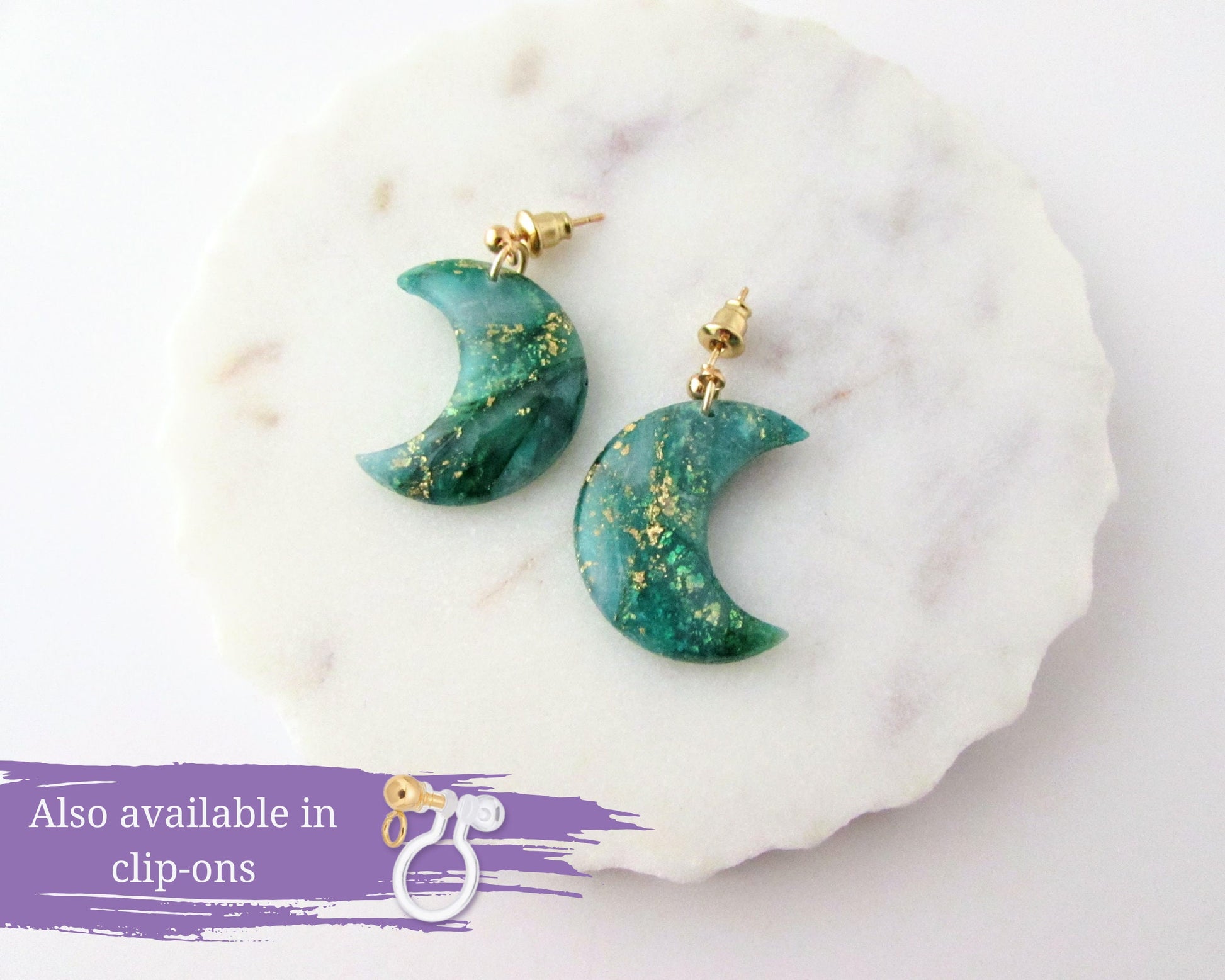 Handmade Polymer Clay Quartz Swirl Earrings - Moons in Emerald Green - Elegant, Artsy Earrings in a Colorful, Creative Style - Lunar Dangles