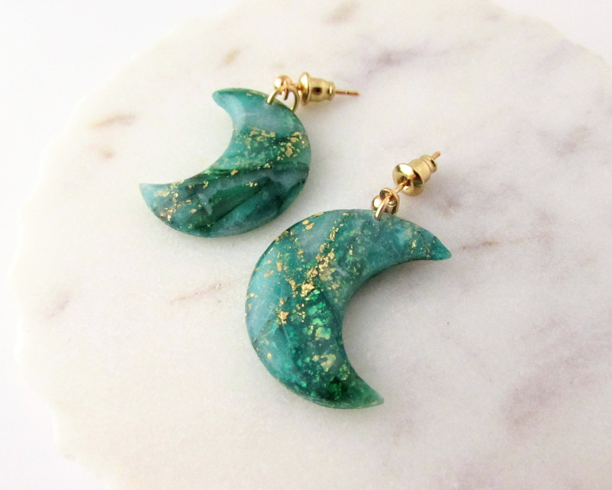 Handmade Polymer Clay Quartz Swirl Earrings - Moons in Emerald Green - Elegant, Artsy Earrings in a Colorful, Creative Style - Lunar Dangles