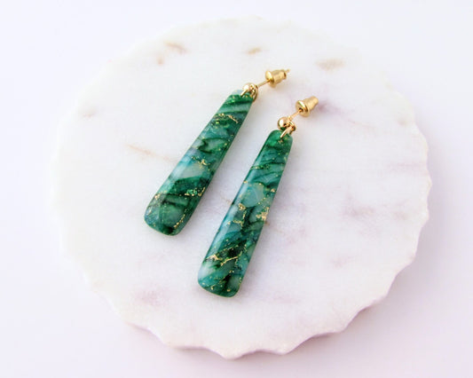 Handmade Polymer Clay Quartz Earrings - Dainty Dangles in Emerald Green - Elegant, Artsy Earrings in a Colorful, Creative Style