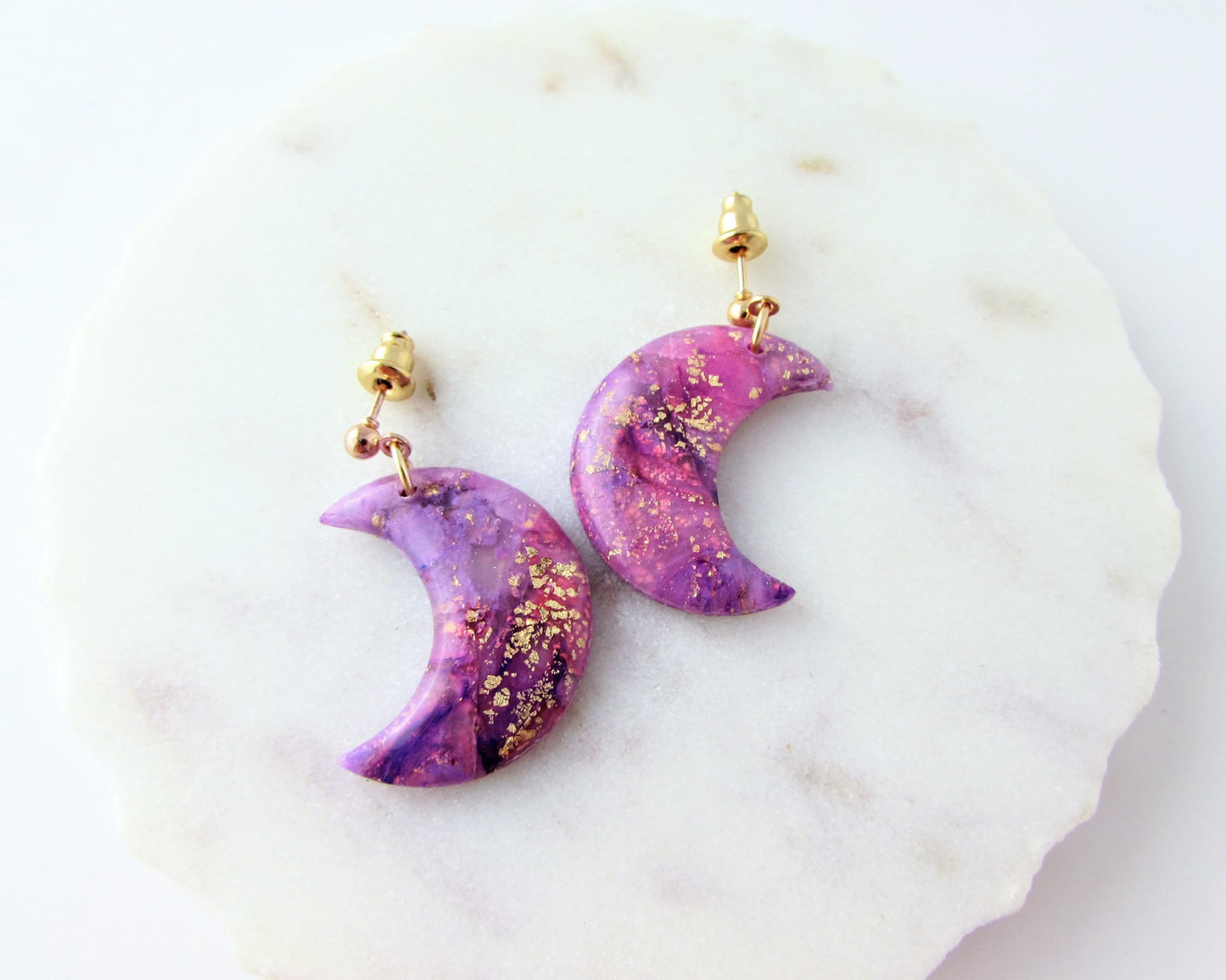 Handmade Polymer Clay Quartz Swirl Earrings - Lulu & Lainey Purple - Elegant, Artsy Earrings in a Colorful, Creative Style - Lunar Dangles