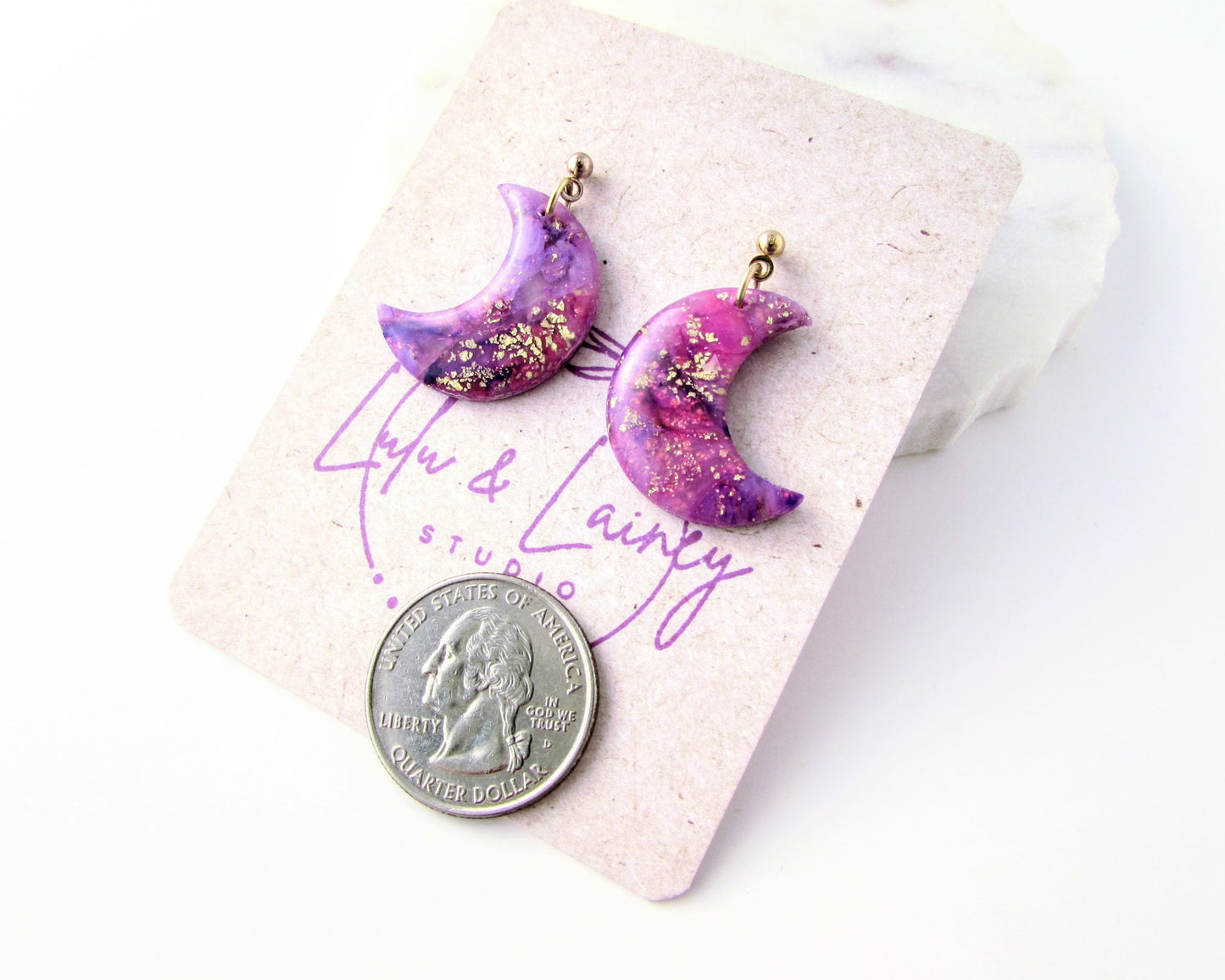 Handmade Polymer Clay Quartz Swirl Earrings - Lulu & Lainey Purple - Elegant, Artsy Earrings in a Colorful, Creative Style - Lunar Dangles