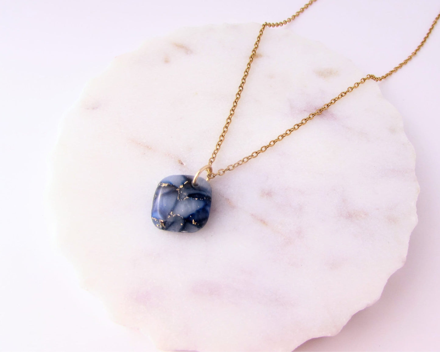 Minimalist Pendant - Handmade Polymer Clay Pendant - Dark Blue Quartz Clay - Artsy and Dainty Square Charm Necklace