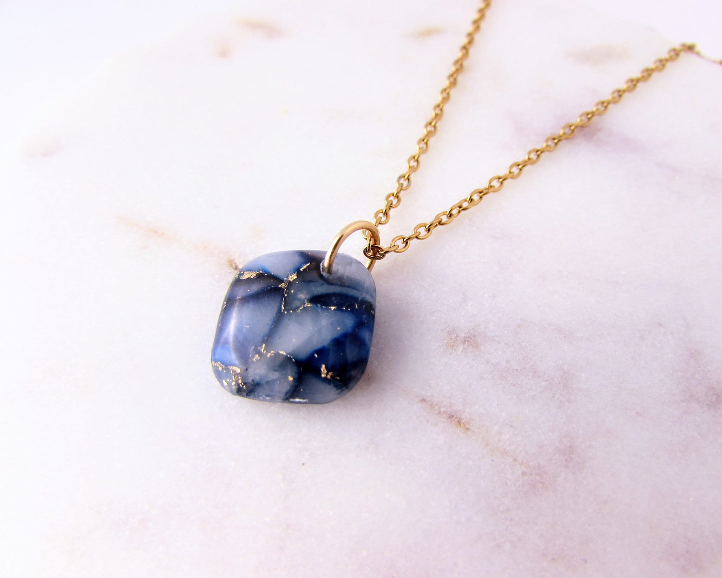 Minimalist Pendant - Handmade Polymer Clay Pendant - Dark Blue Quartz Clay - Artsy and Dainty Square Charm Necklace