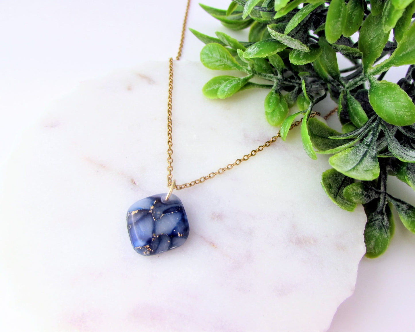 Minimalist Pendant - Handmade Polymer Clay Pendant - Dark Blue Quartz Clay - Artsy and Dainty Square Charm Necklace