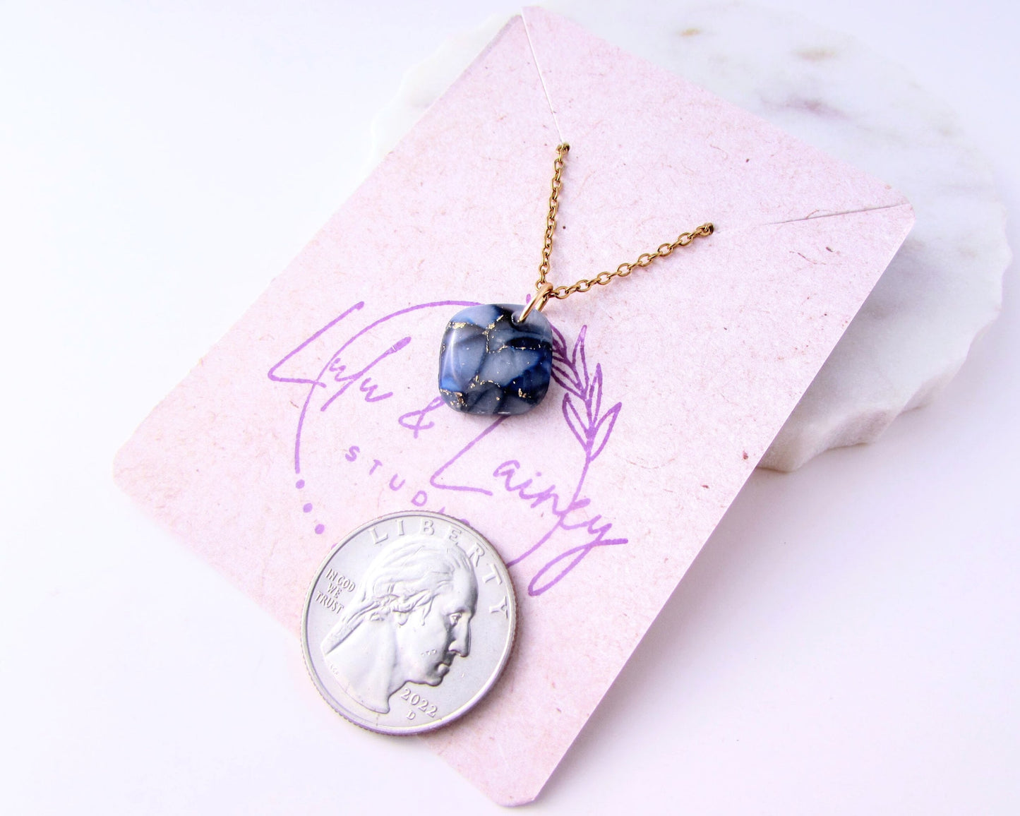 Minimalist Pendant - Handmade Polymer Clay Pendant - Dark Blue Quartz Clay - Artsy and Dainty Square Charm Necklace