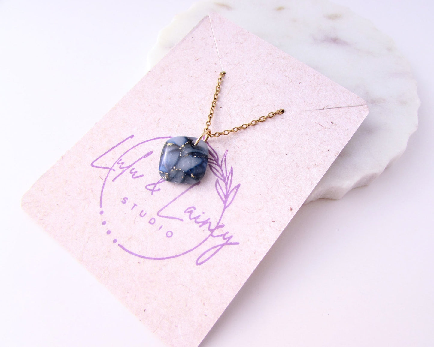 Minimalist Pendant - Handmade Polymer Clay Pendant - Dark Blue Quartz Clay - Artsy and Dainty Square Charm Necklace